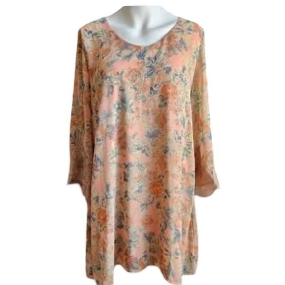ASTR Anthropologie"the label" Peach Floral Bell Sleeves Lace Trim Mini Dress - Picture 8 of 8